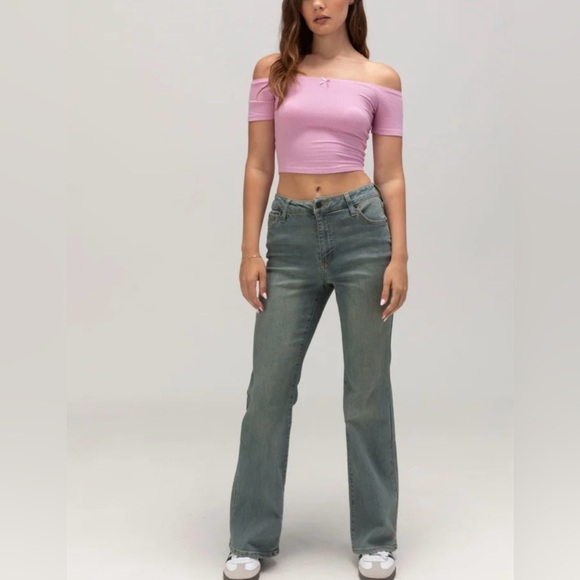 Bozzolo Tops - Bozzolo | Ballet Neck Baby Tee Pink Ribbed Off-Shoulder Crop Top | L